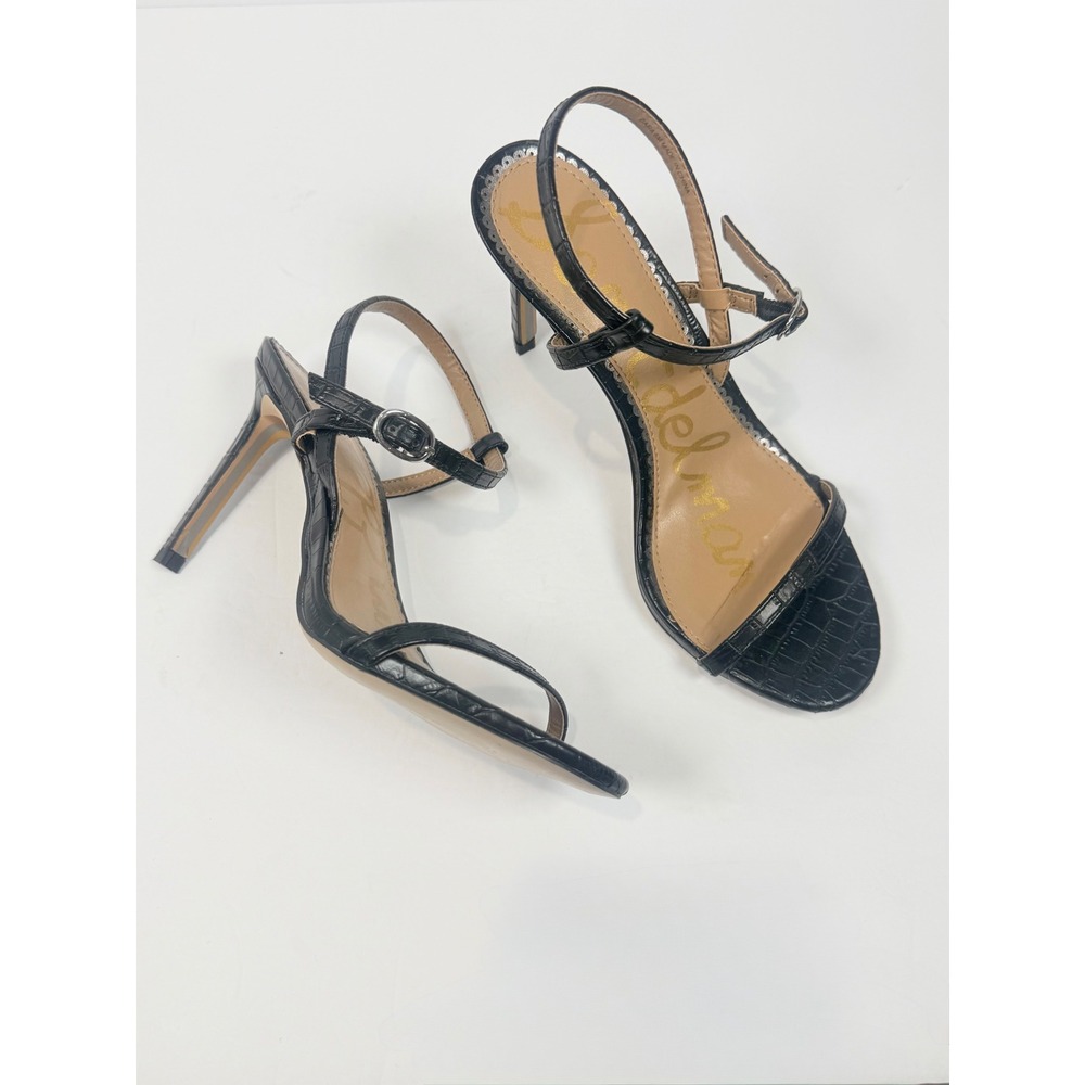 Sam Edelman Ariella Black Croc Embossed Ankle Strap Stiletto Heel Sandals Size 6